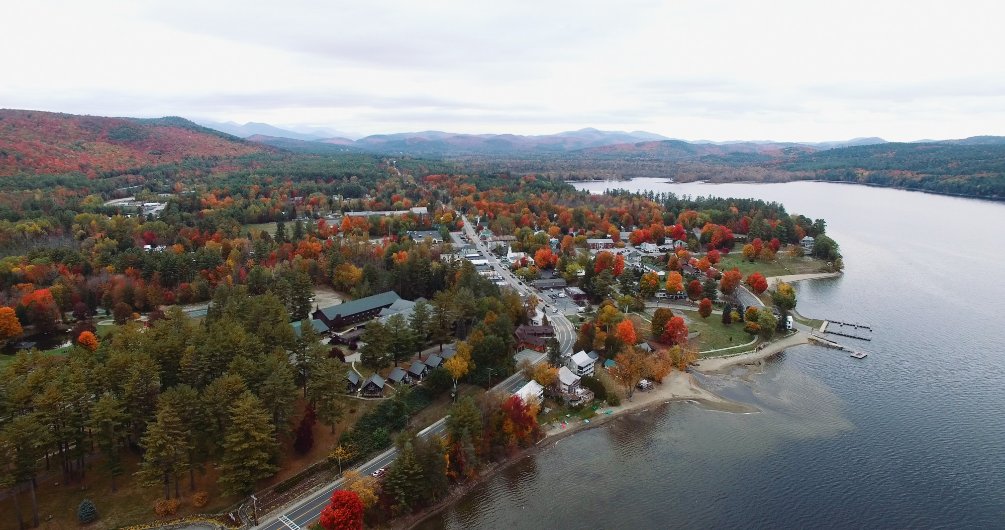 Aerial view of Schroon Lake and fall foliage