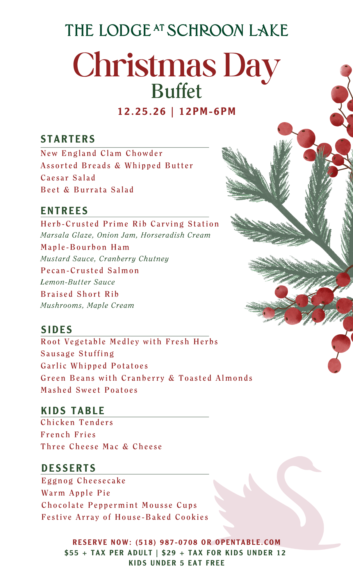 Christmas Day Buffet Lunch Dinner at The Lodge at Schroon Lake