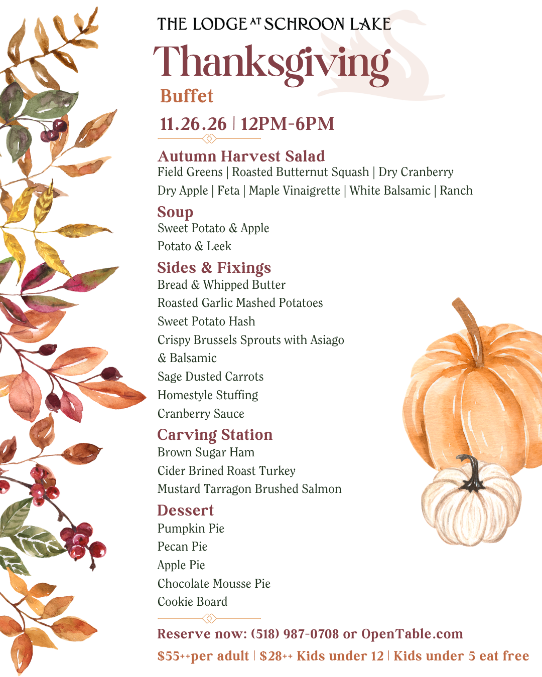 Thanksgiving Dinner Buffet at The Brown Swan and The Lodge at Schroon Lake